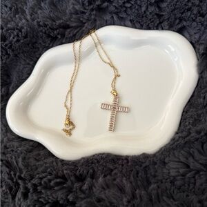 Gold Cross with Baguette Crystal Accents Rhinestones Pendant Necklace